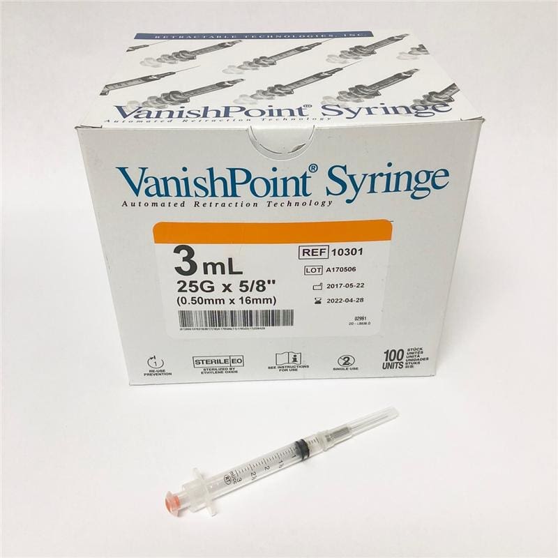 Retractable Technologies Syringe Safety 3cc 25g X 5 8in Vp Box Of 100