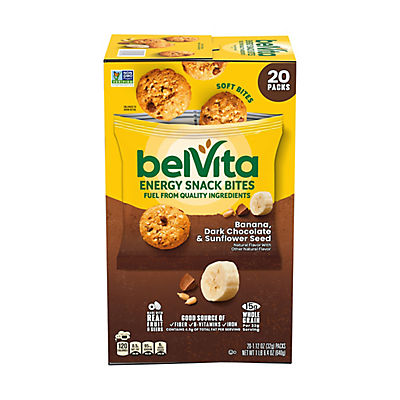 BelVita Energy Snack Bites, Banana, Dark Chocolate and Sunflower Seed Snack Packs, 20 ct.