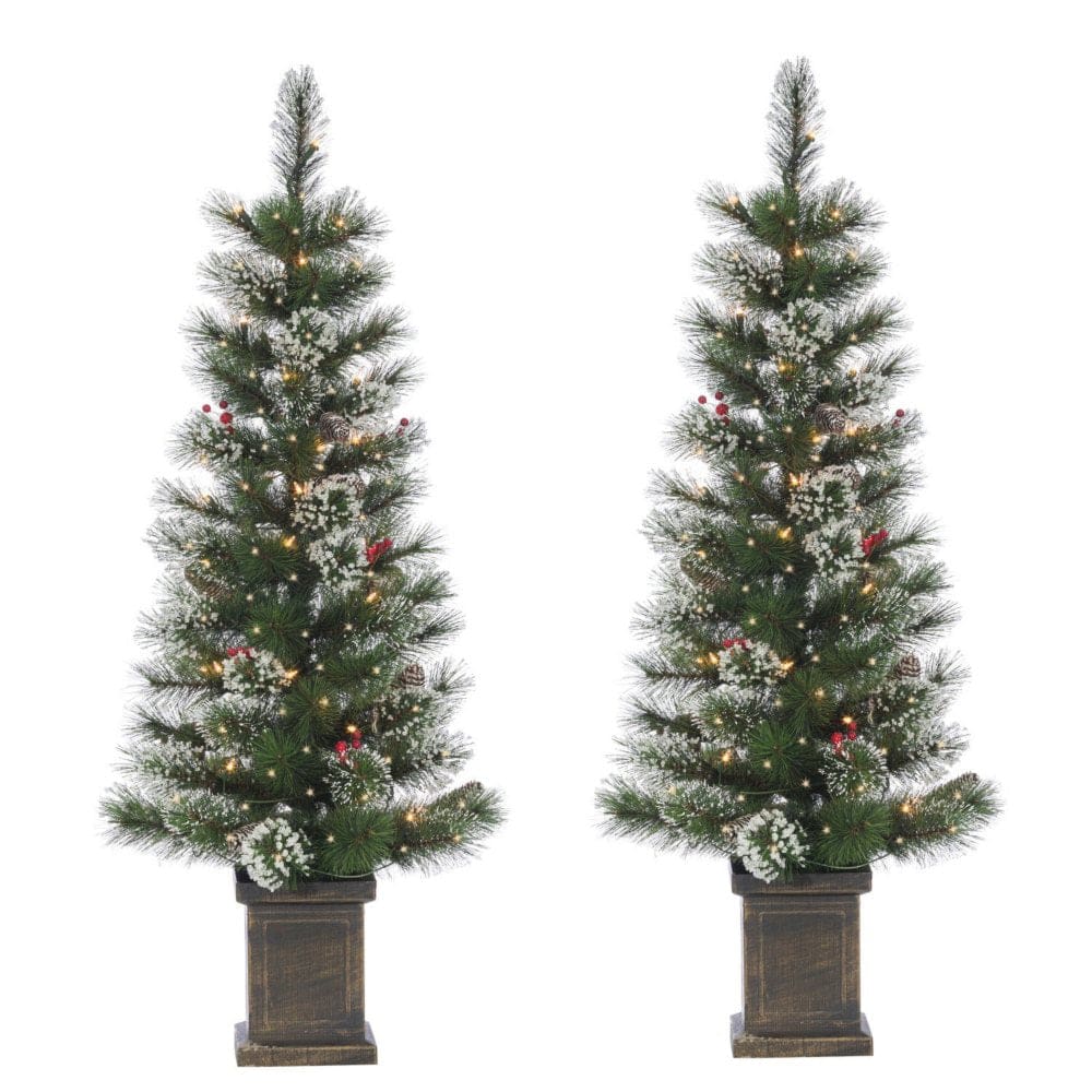 4’ Potted Loveland Spruce with 50 Clear White Lights (Set of 2) - Wreaths Garlands & Topiary - 4’