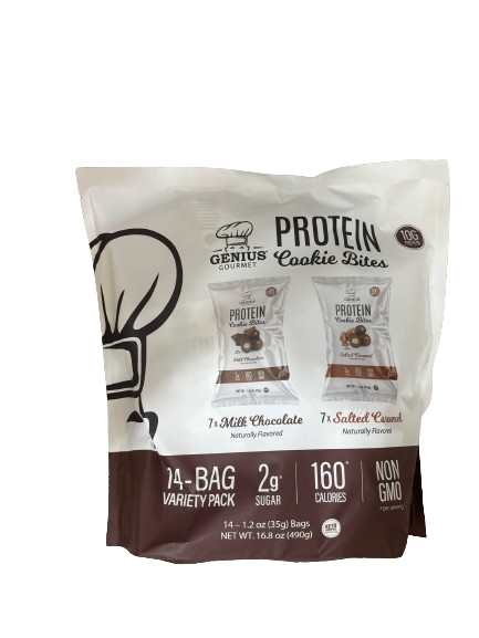 Genius Gourmet Protein Cookie Bites, Variety Pack, Milk Chocolate & Salted Caramel, 14 count.