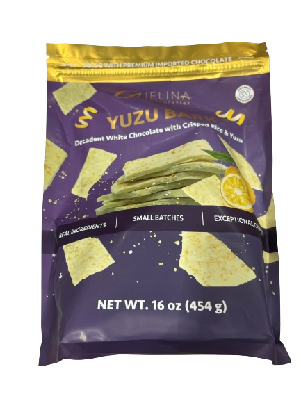 Jelina Chocolatier Yuzu White Chocolate & Crisp Rice Bark, 16 oz.