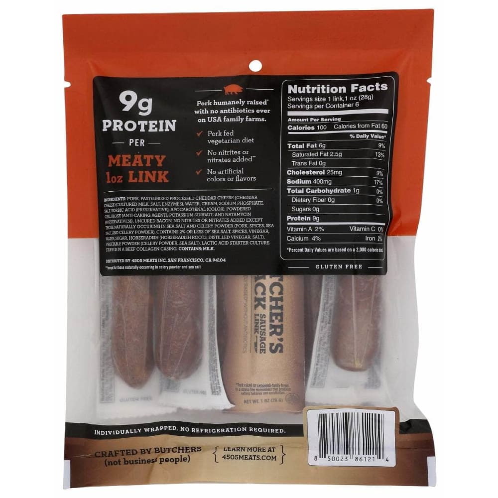 4505 MEATS Grocery > Snacks 4505 MEATS: Cheddar Uncured Bacon Sausage Link, 6 oz