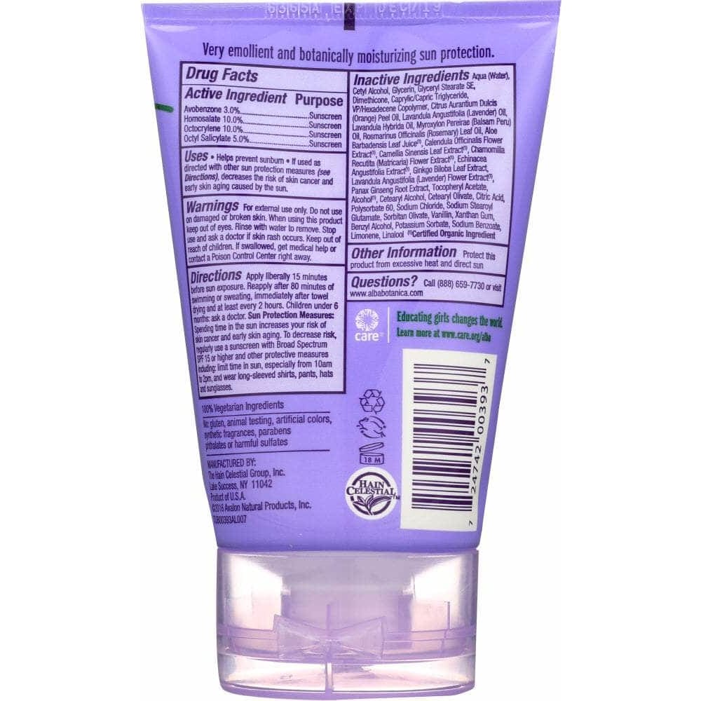 ALBA BOTANICA Alba Botanica Soothing Sunscreen Pure Lavender Spf 45, 4 Oz