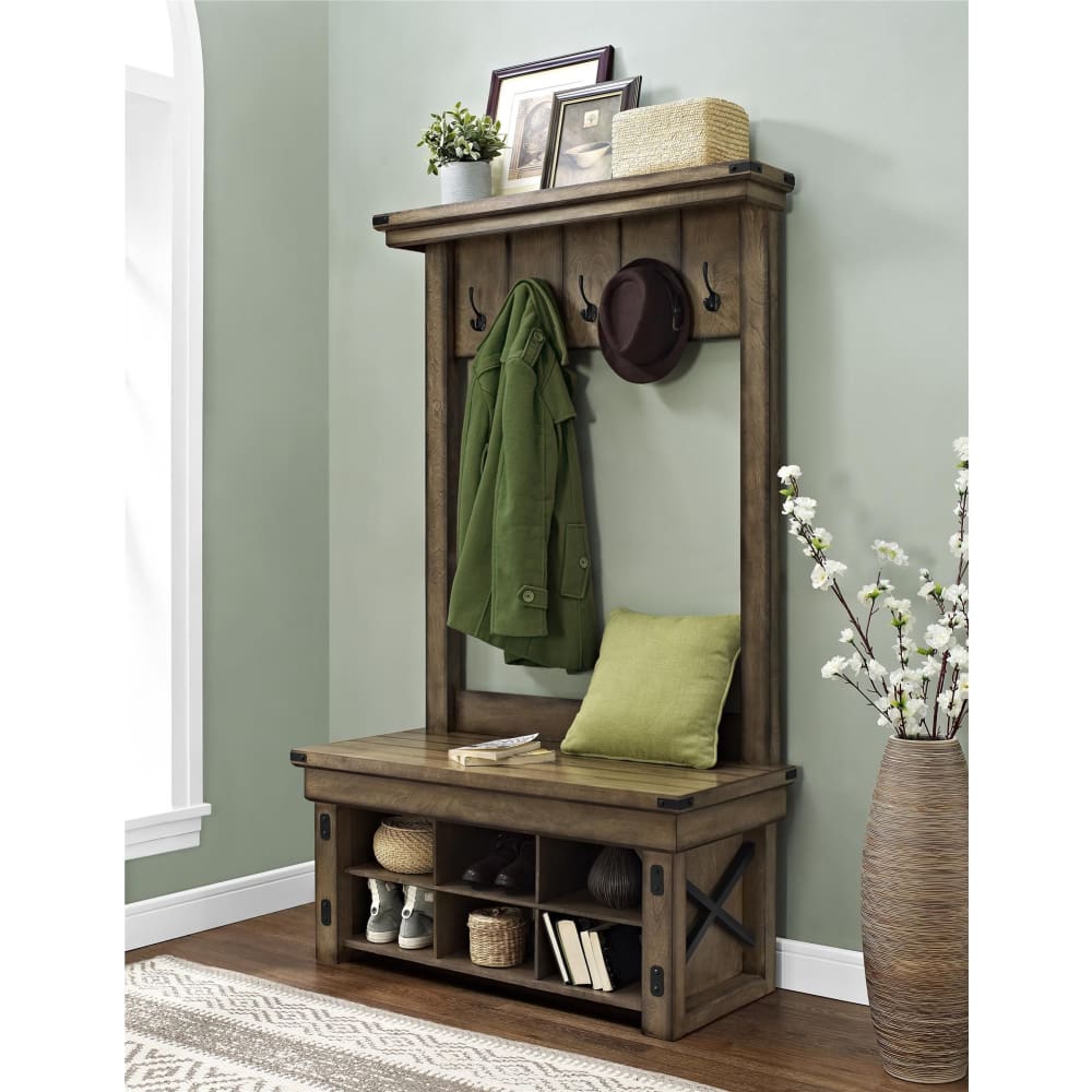 Ameriwood Home Wildwood 40 Wood Veneer Entryway Hall Tree with Storage Bench - Rustic Gray - Ameriwood