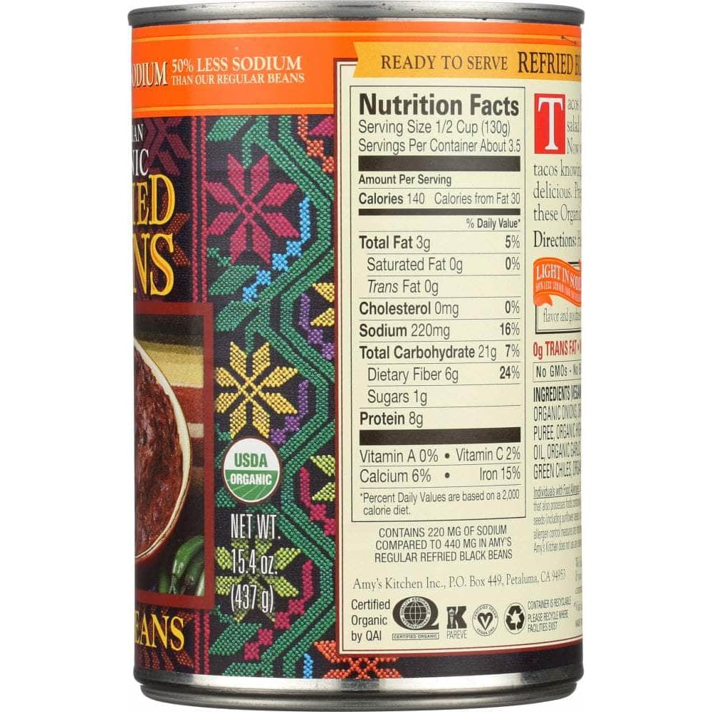 AMYS Amy'S Organic Vegetarian Light In Sodium Refried Black Beans, 15.4 Oz