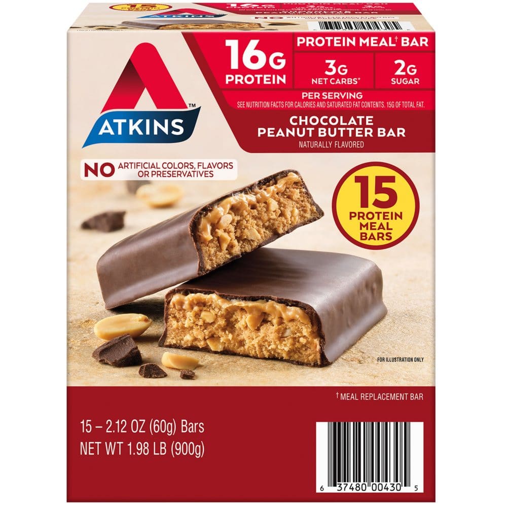 Atkins Chocolate Peanut Butter Meal Bars High Fiber 16g of Protein (15 ct.) - Women’s Health - ShelHealth