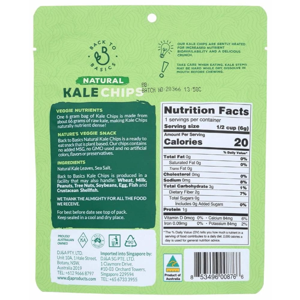 BACK TO BASICS Grocery > Snacks > Chips > Vegetable & Fruit Chips BACK TO BASICS: Chips Kale Natural, 0.21 oz