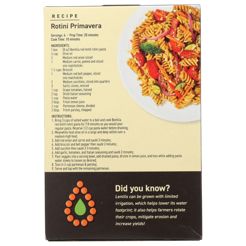 BENTILIA: Red Lentil Rotini 8 oz - Grocery > Meal Ingredients > Noodles & Pasta - BENTILIA