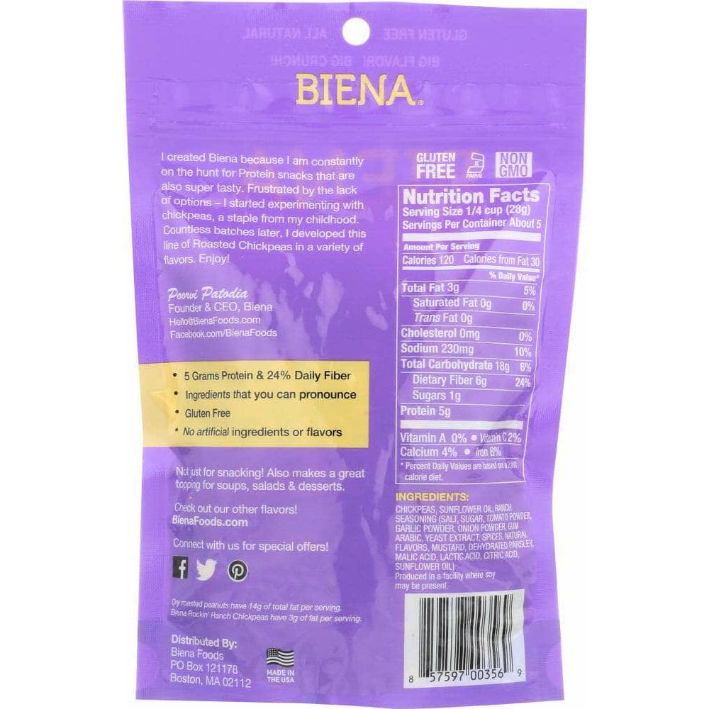 Biena Biena Rockin' Ranch Chickpea Snacks, 5 oz