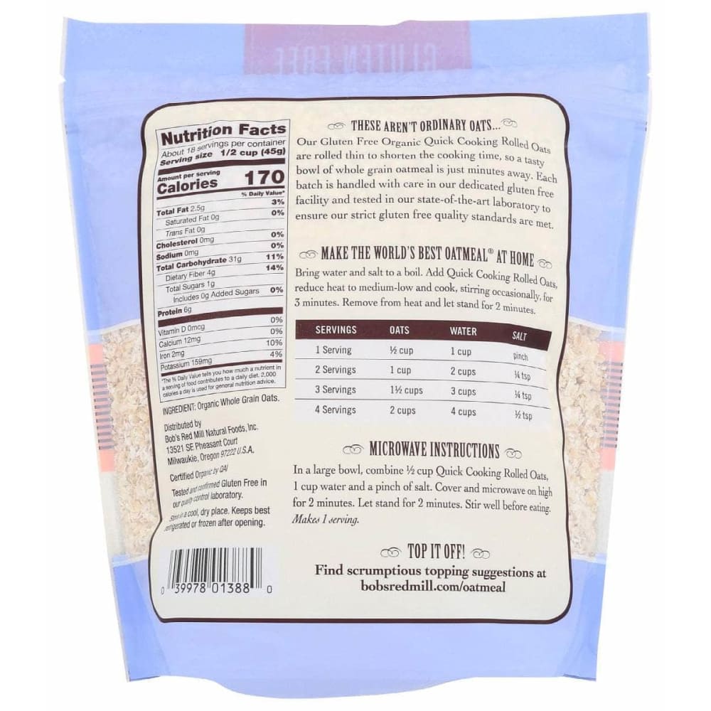 BOBS RED MILL Grocery > Meal Ingredients > Grains BOBS RED MILL: Gluten Free Organic Quick Cooking Rolled Oats, 28 oz