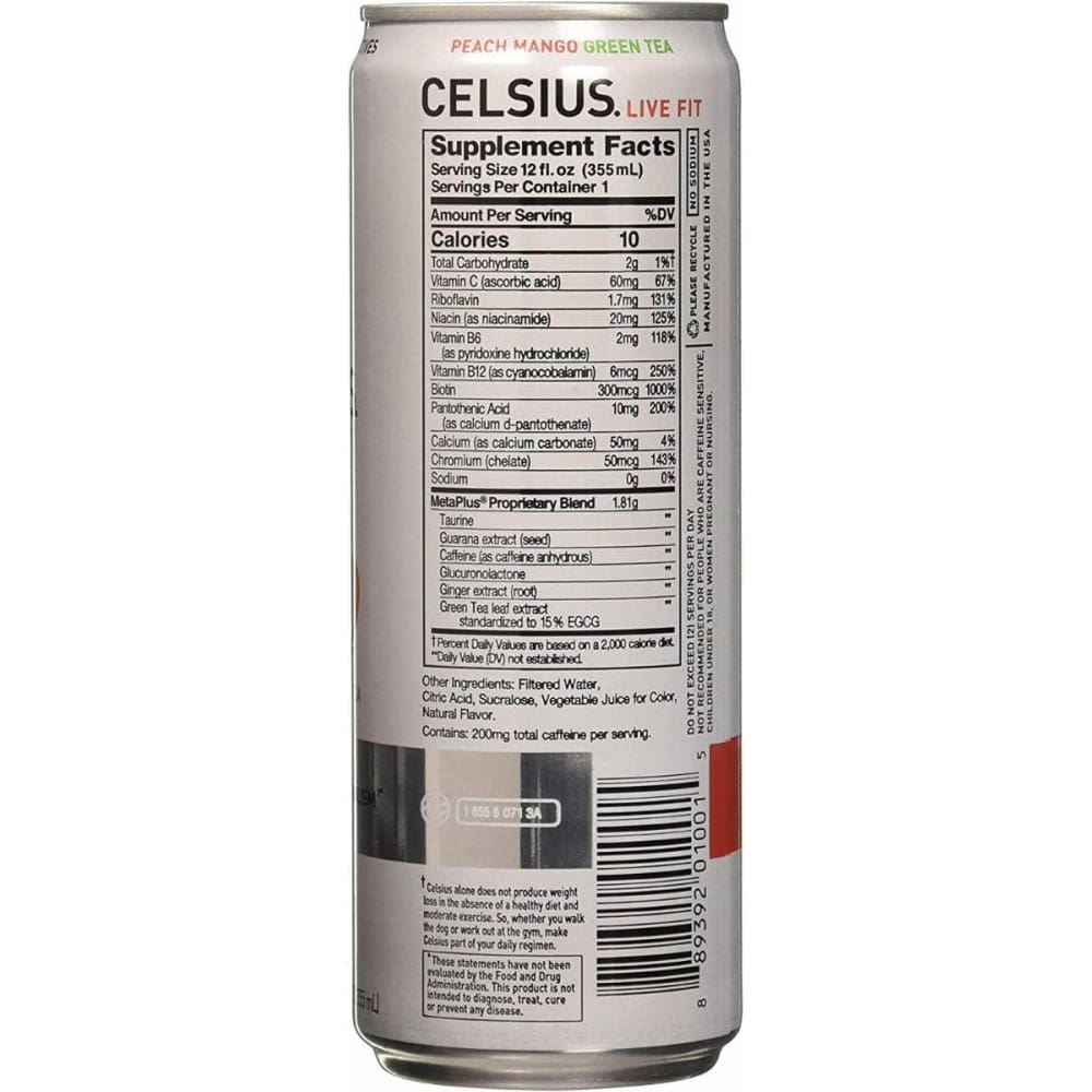 CELSIUS Celsius Live Fit Peach Mango Green Tea, 12 Oz