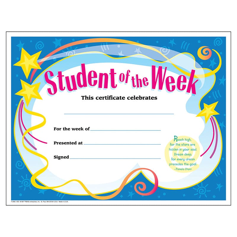 Certificate Student Of The 30/Pk Week 8-1/2 X 11 (Pack of 8) - Certificates - Trend Enterprises Inc.