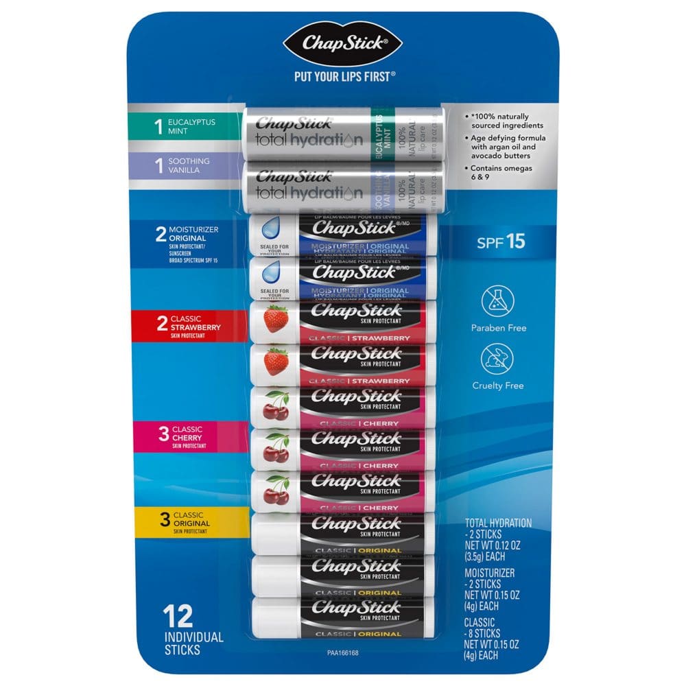 ChapStick Variety Pack Classic Original Cherry Strawberry Lip Moisturizer & Total Hydration (12 ct.) - Skin Care - ChapStick