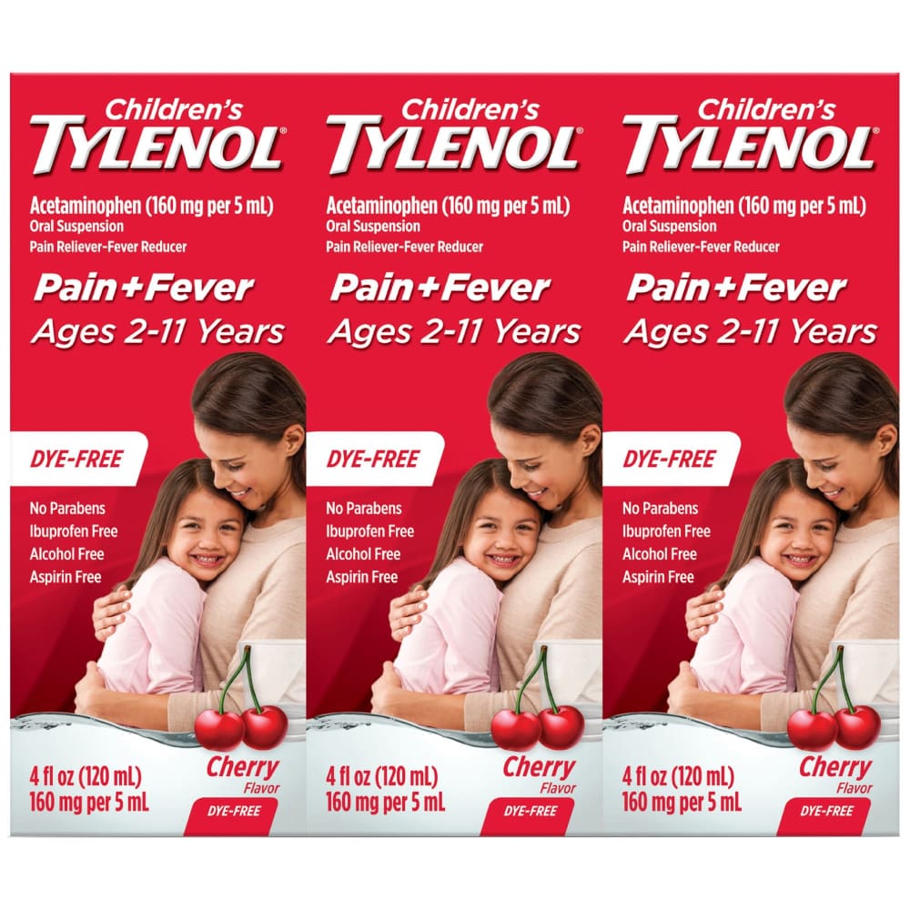 Children’s Tylenol Pain + Fever Dye-Free Medicine Cherry Flavor 3 x 4 fl. oz. - Tylenol