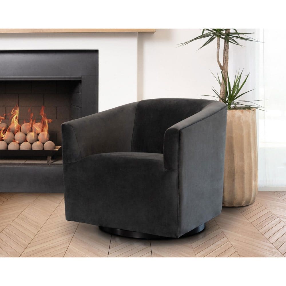 Claire Gray Velvet Fabric Swivel Chair with Wood Base - Modern Contemporary - Claire