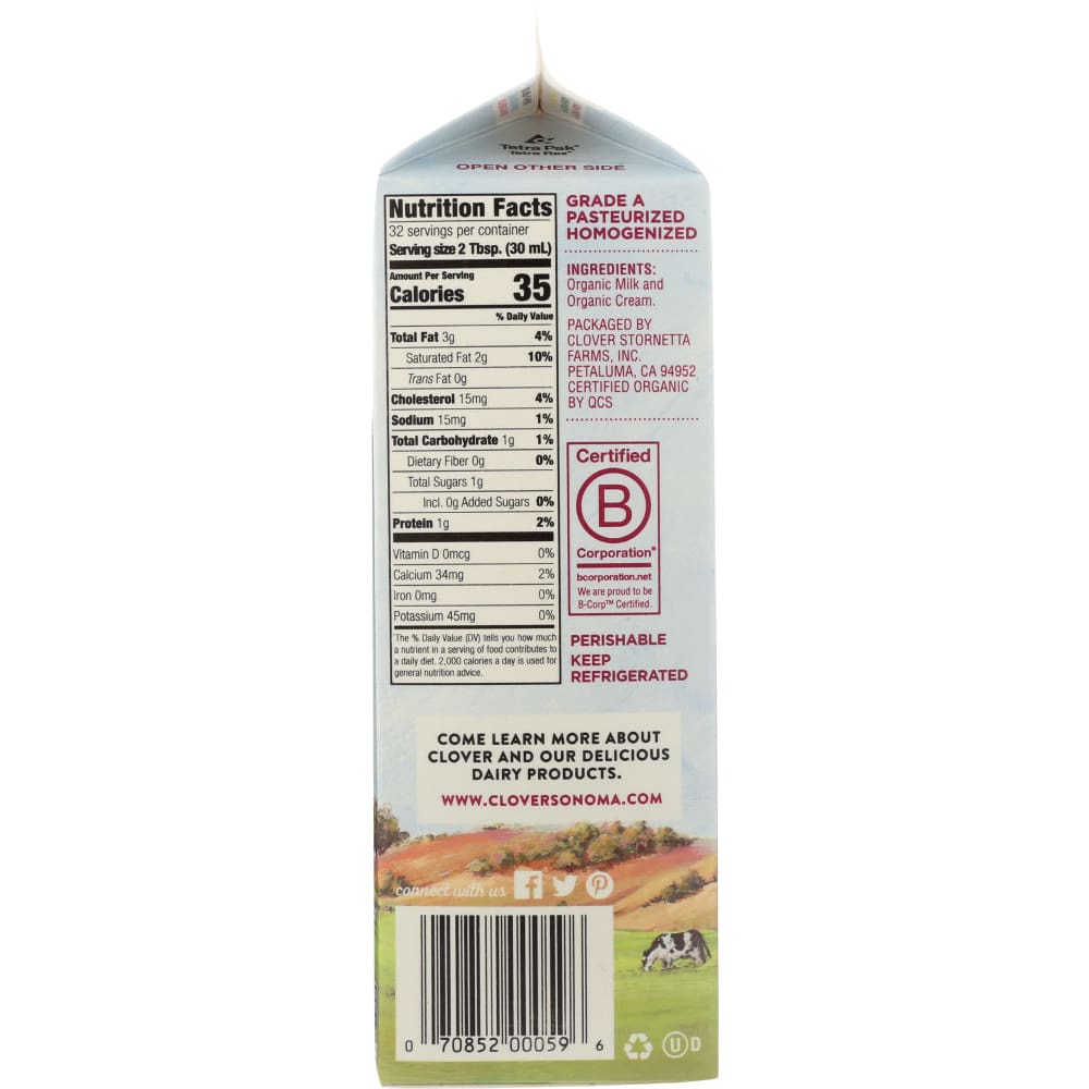 CLOVER SONOMA: Half and Half Organic 32 oz - Grocery > Refrigerated - CLOVER SONOMA