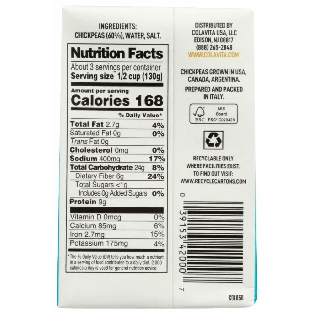 COLAVITA Grocery > Meal Ingredients > Beans COLAVITA: Chickpeas Garbanzo Beans Carton, 13.4 oz