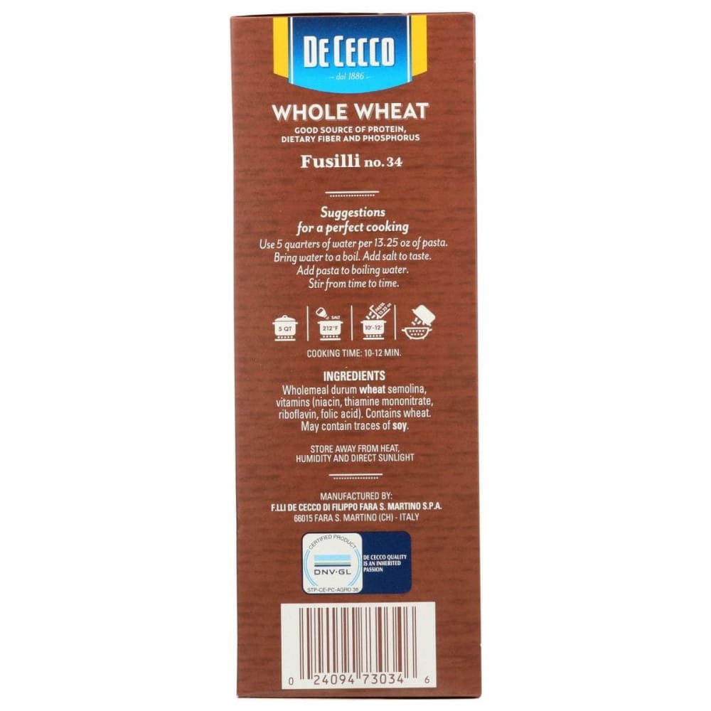 DE CECCO Grocery > Meal Ingredients > Noodles & Pasta DE CECCO Fusilli No 34 100 Percent Whole Wheat, 13.25 oz