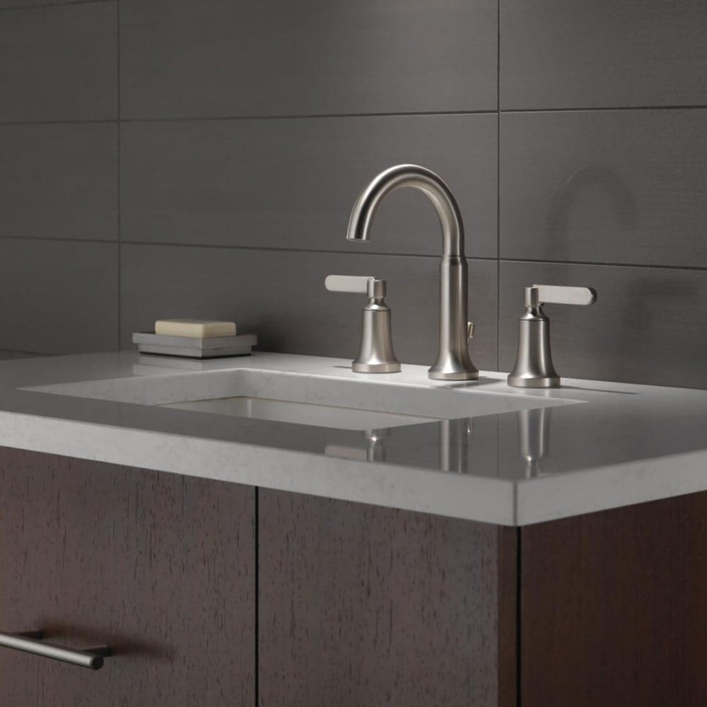 Delta Alux Two Handle Widespread Spotshield Brushed Nickel Faucet - Shop the Collection - ShelHealth