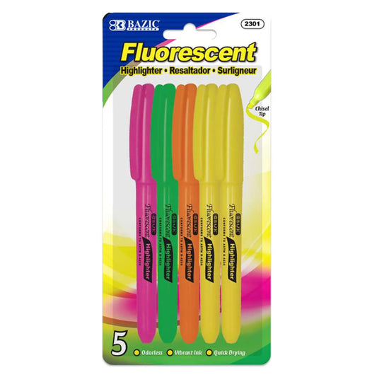 Pen Style Highlighters 5Ct with Clip (Pack of 12)