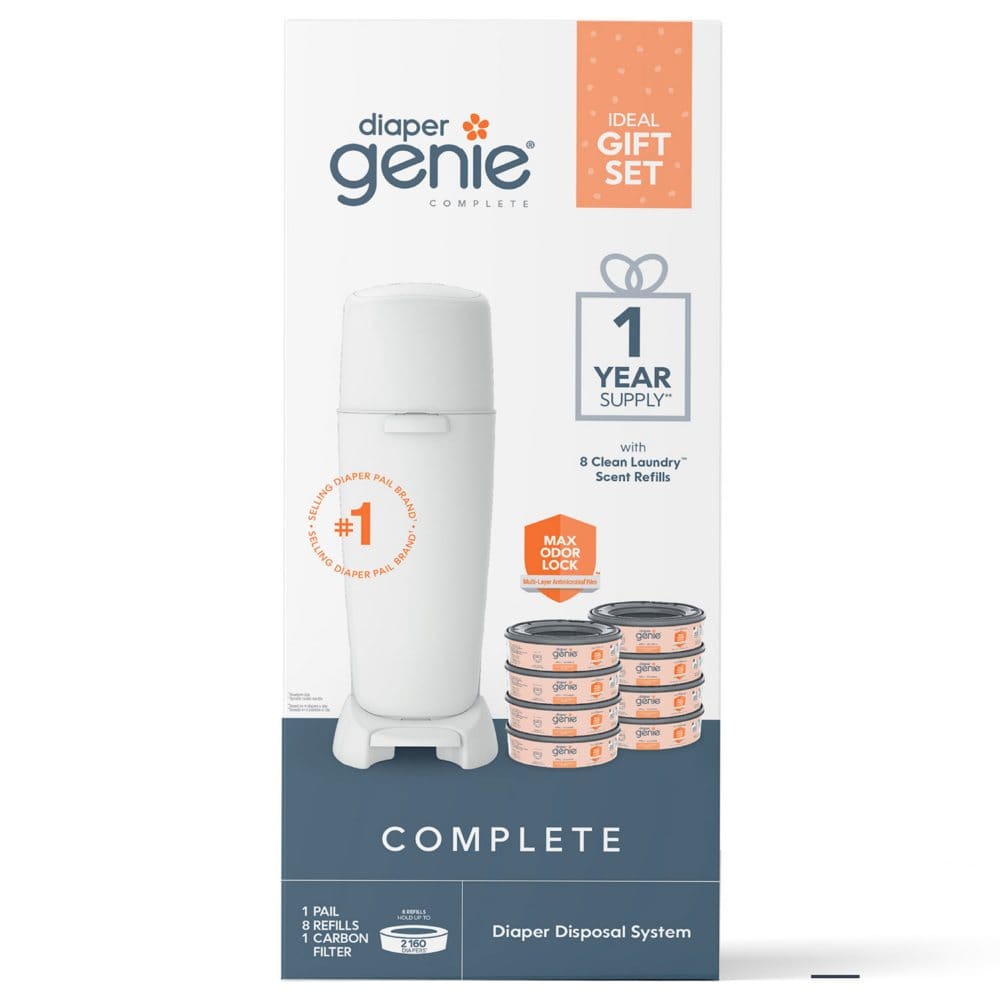 Diaper Genie Complete Gift Set (Diaper Pail 8 Refill Bags 1 Carbon Filter 1 Year Supply) - Baby Health & Safety - Diaper