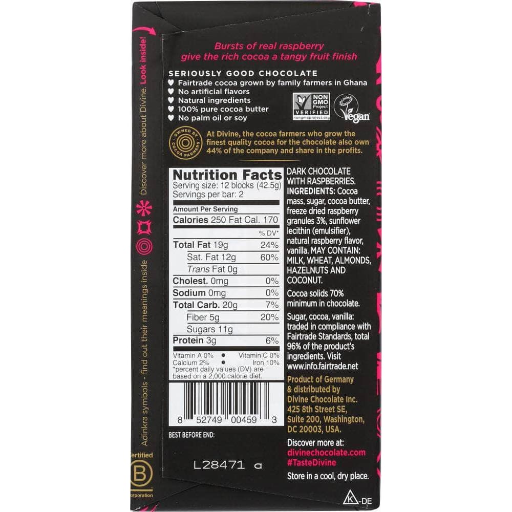 Divine Chocolate Divine Chocolate 70% Dark Chocolate Bar with Raspberries, 3 oz