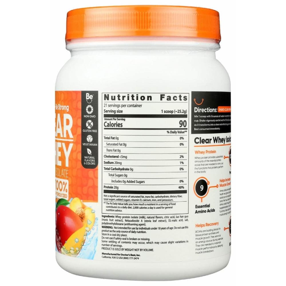 DOCTORS BEST Vitamins & Supplements > Protein Supplements & Meal Replacements > PROTEIN & MEAL REPLACEMENT POWDER DOCTORS BEST Clear Whey Protein Isolate Peach Mango, 529.2 gm