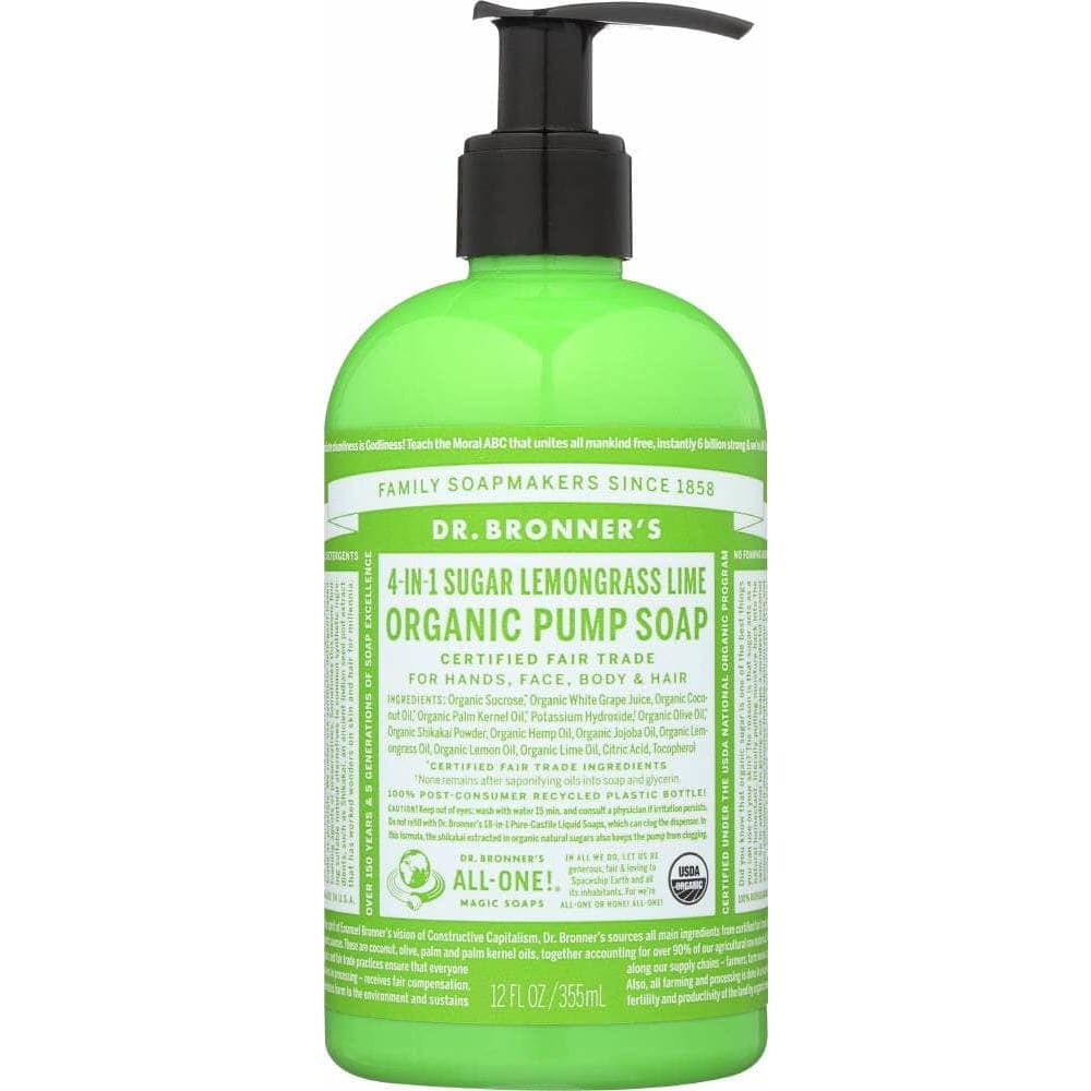 DR BRONNERS Beauty & Body Care > Soap and Bath Preparations > Soap Liquid DR. BRONNER'S: 4-in-1 Sugar Lemongrass Lime Organic Pump Soap, 12 oz