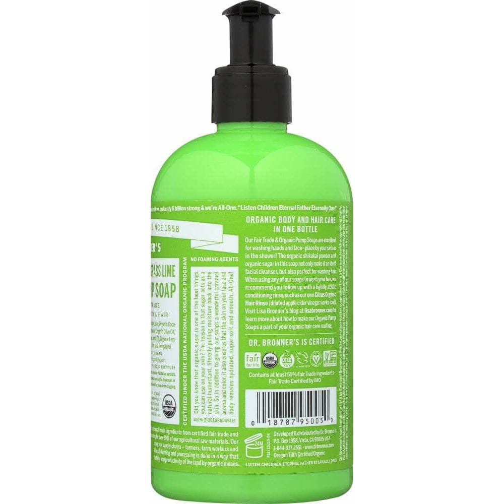 DR BRONNERS Beauty & Body Care > Soap and Bath Preparations > Soap Liquid DR. BRONNER'S: 4-in-1 Sugar Lemongrass Lime Organic Pump Soap, 12 oz