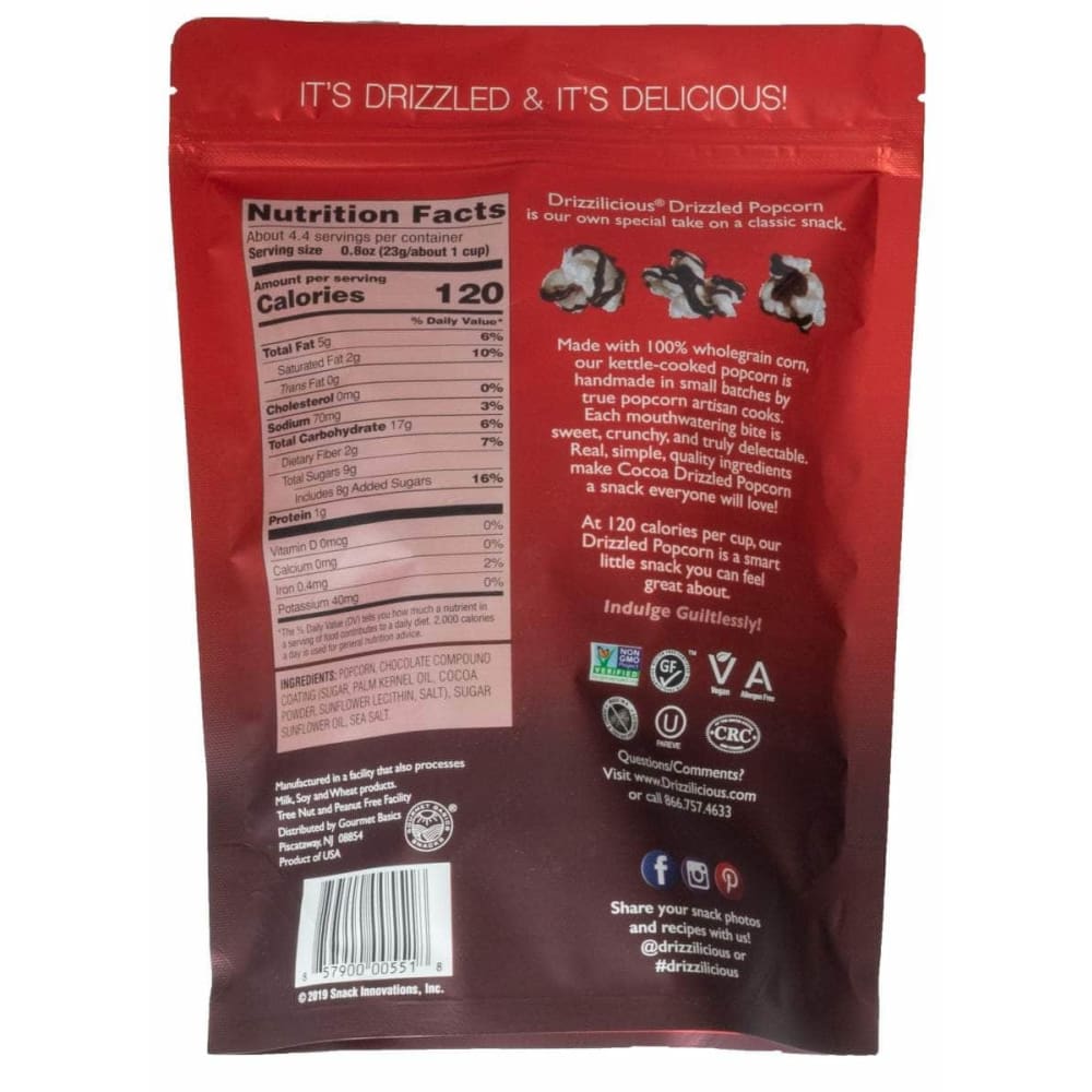 DRIZZILICIOUS Grocery > Snacks > Popcorn DRIZZILICIOUS: Cocoa Drizzled Popcorn, 3.6 oz