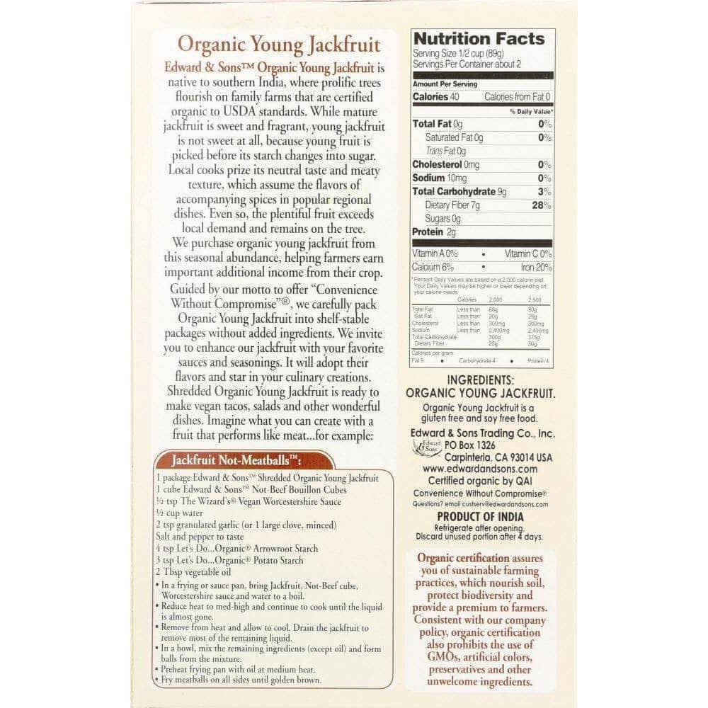 Edward & Sons Edward & Sons Organic Young Jackfruit Unseasoned Shredded, 7 oz