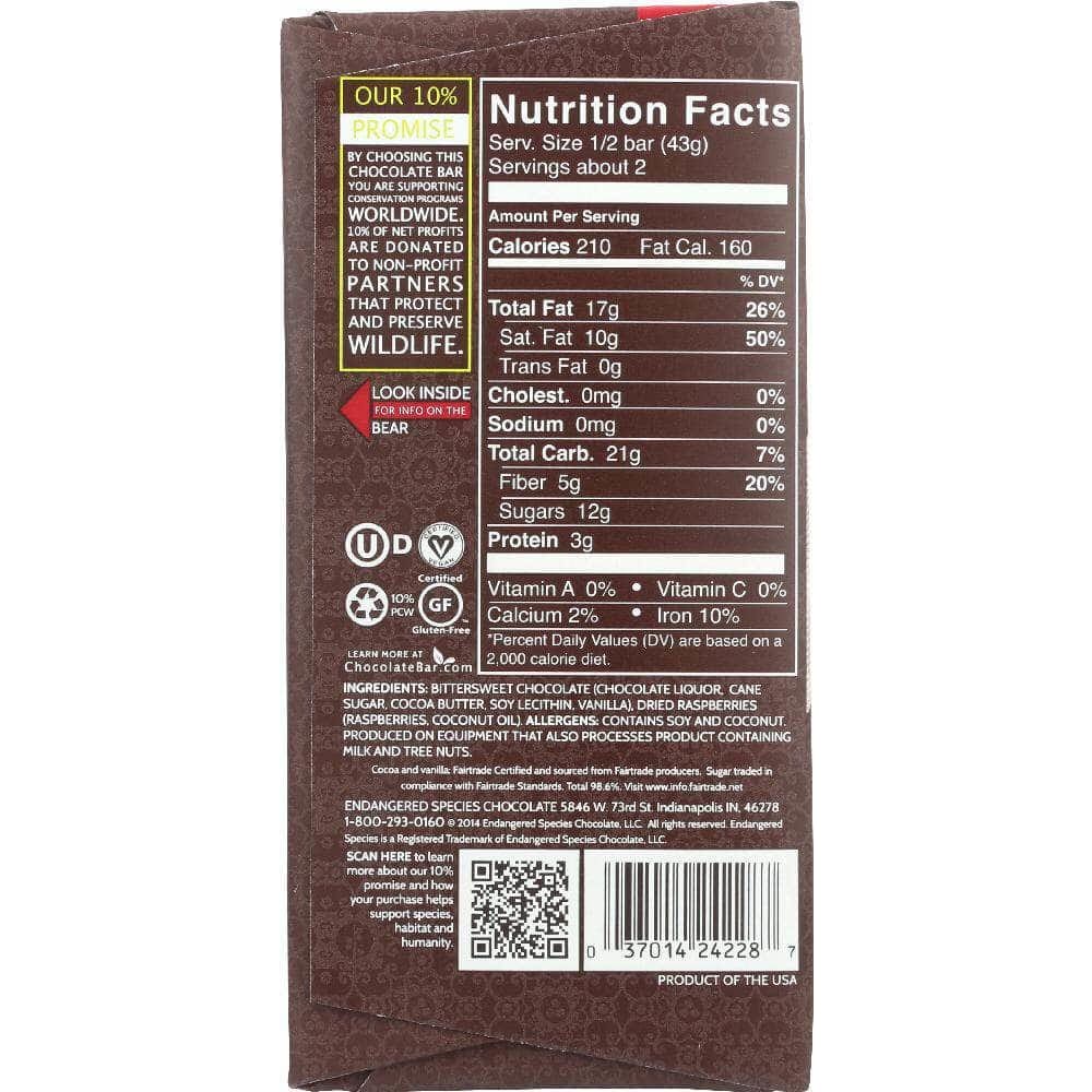 Endangered Species Chocolate Endangered Species Natural Dark Chocolate Bar with Raspberries, 3 oz