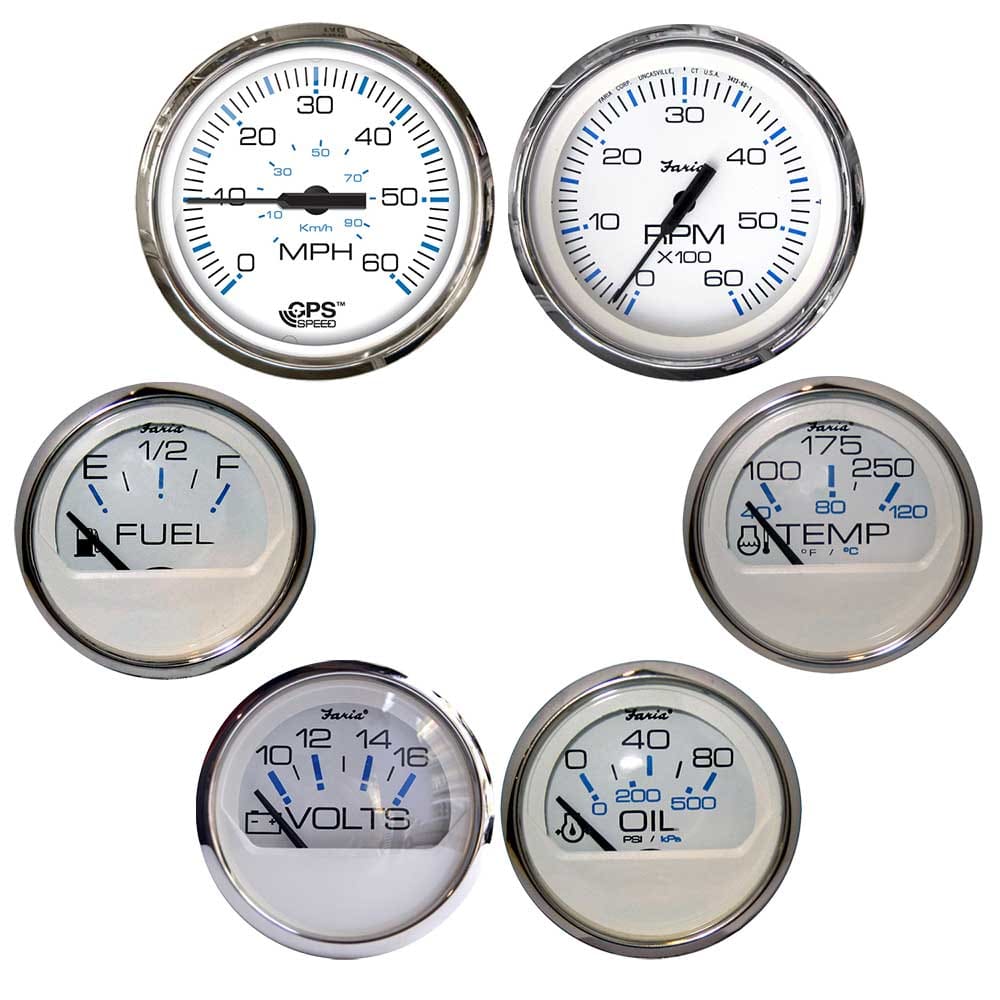 Faria Chesapeake White w/ Stainless Steel Bezel Boxed Set of 6 - Speed Tach Fuel Level Voltmeter Water Temperature & Oil PSI - Inboard