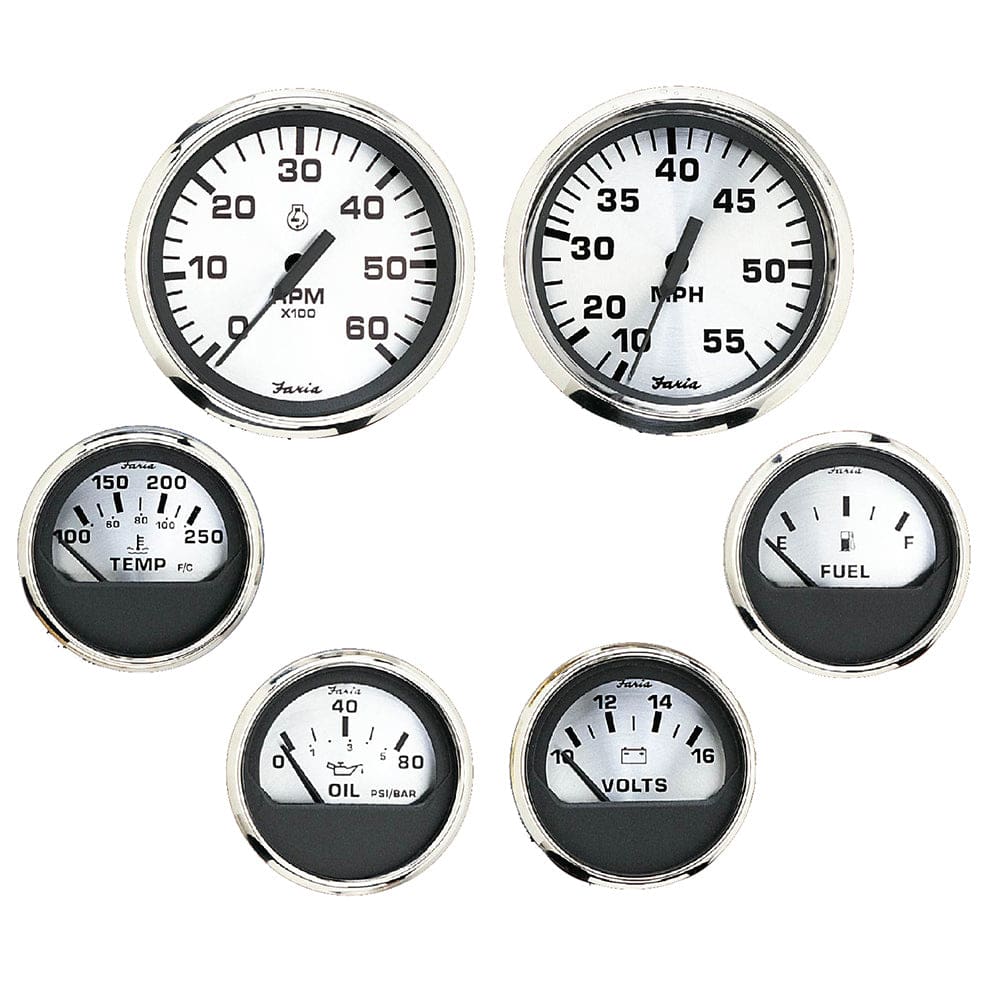 Faria Spun Silver Box Set of 6 Gauges f/ Inboard Engines - Speed Tach Voltmeter Fuel Level Water Temperature & Oil - Marine Navigation &