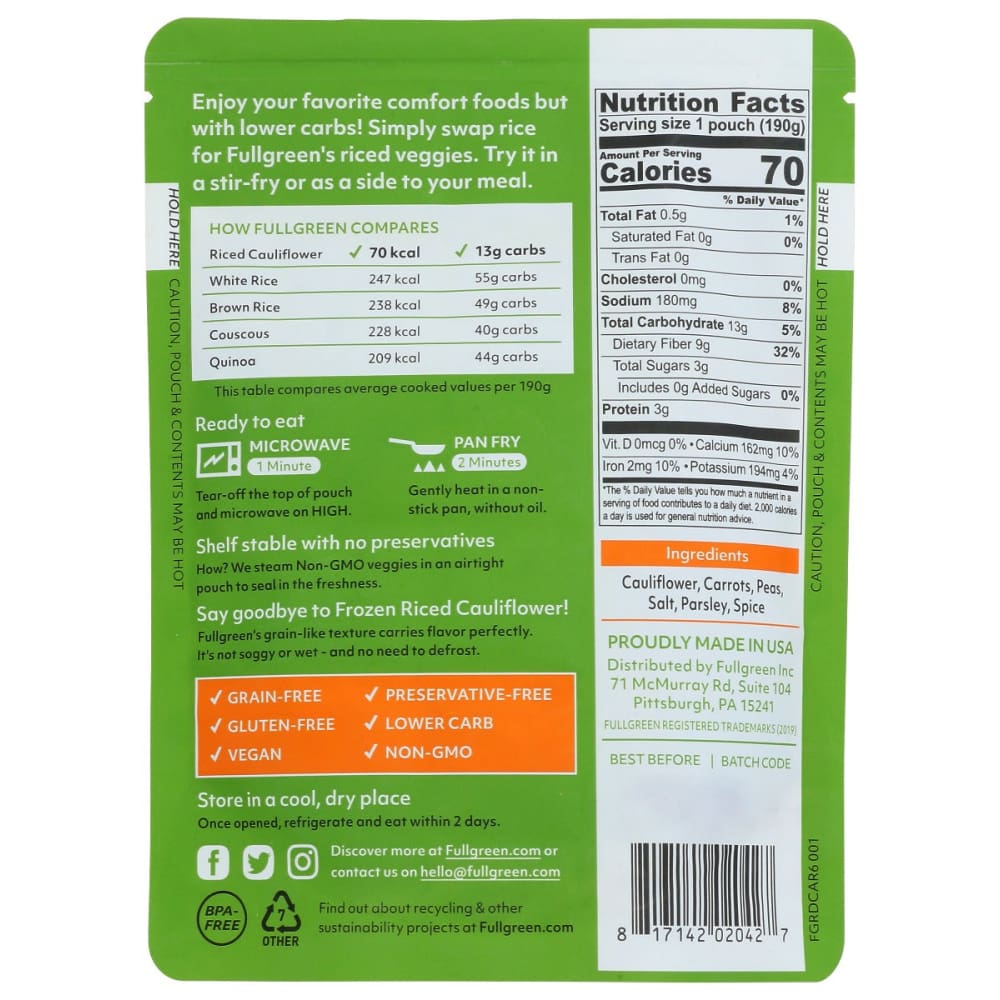 FULLGREEN: Riced Cauliflower Pea Carrot 6.7 oz - Grocery > Pantry > Rice - FULLGREEN