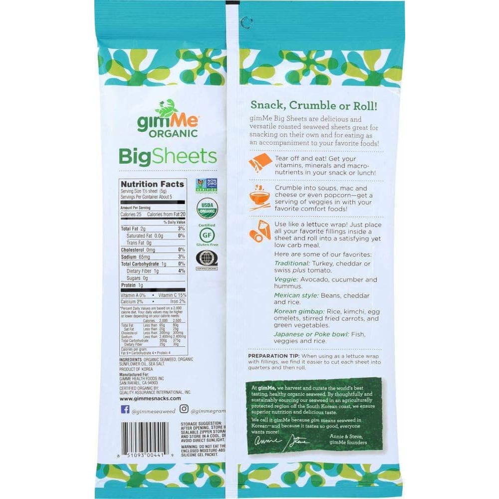 Gimme Snacks Gimme Organic Roasted Seaweed Full Sheets Sea Salt, 0.92 oz