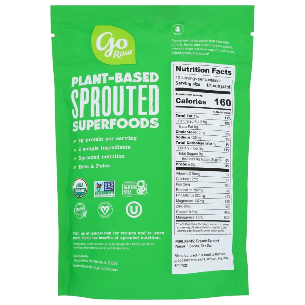 GO RAW: Sprouted Seeds Pumpkin Sea Salt 10 oz - Grocery > Snacks > Nuts > Seeds - GO RAW