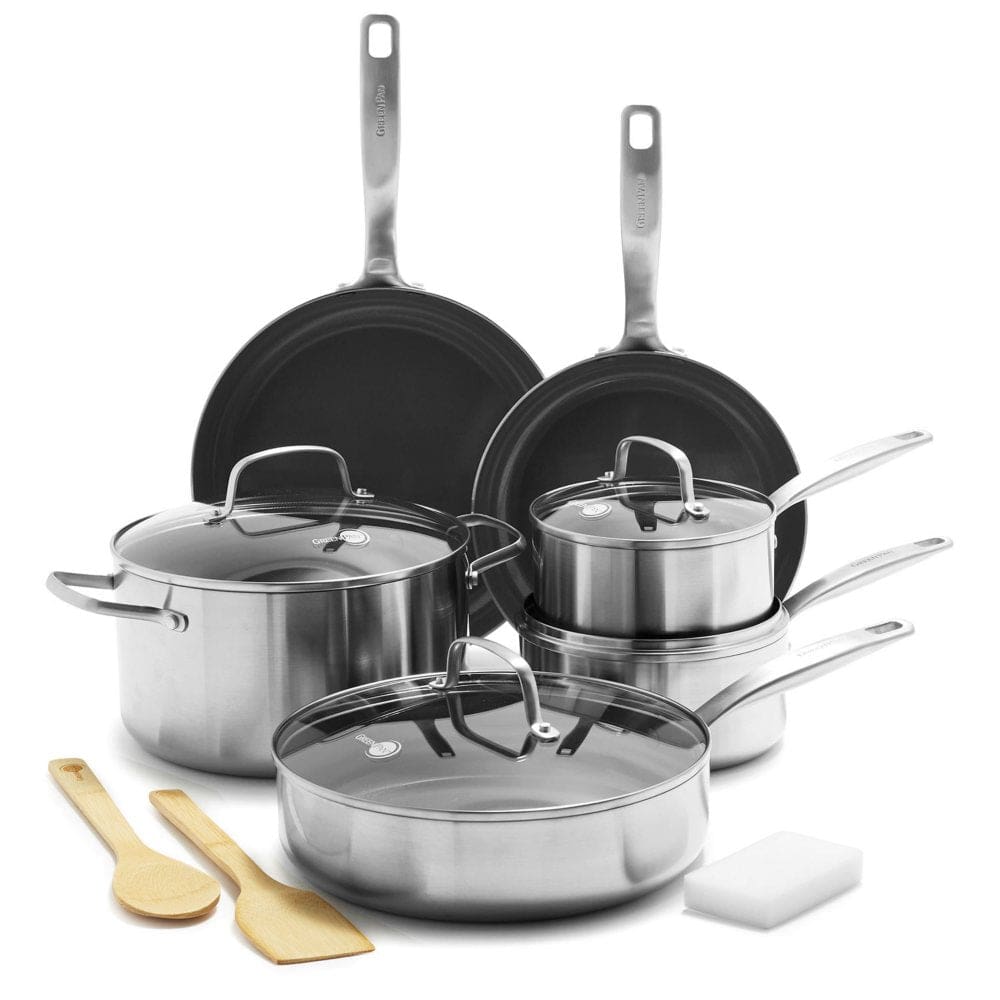 Greenpan 13-Piece Chatham Stainless Steel Ceramic Nonstick Cookware Set PFAS Free - Cookware - ShelHealth