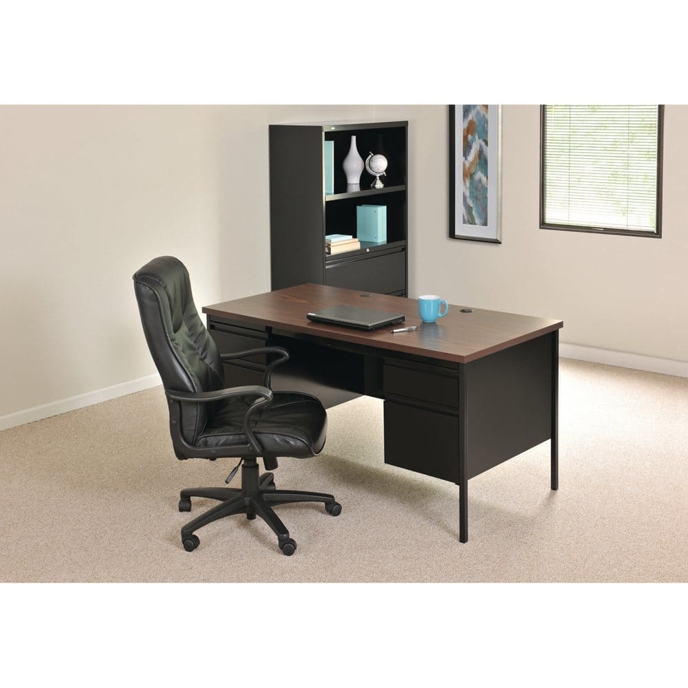 Hirsh Double Pedestal Office Desk With Center Drawer Black/Walnut - Office Desks - Hirsh