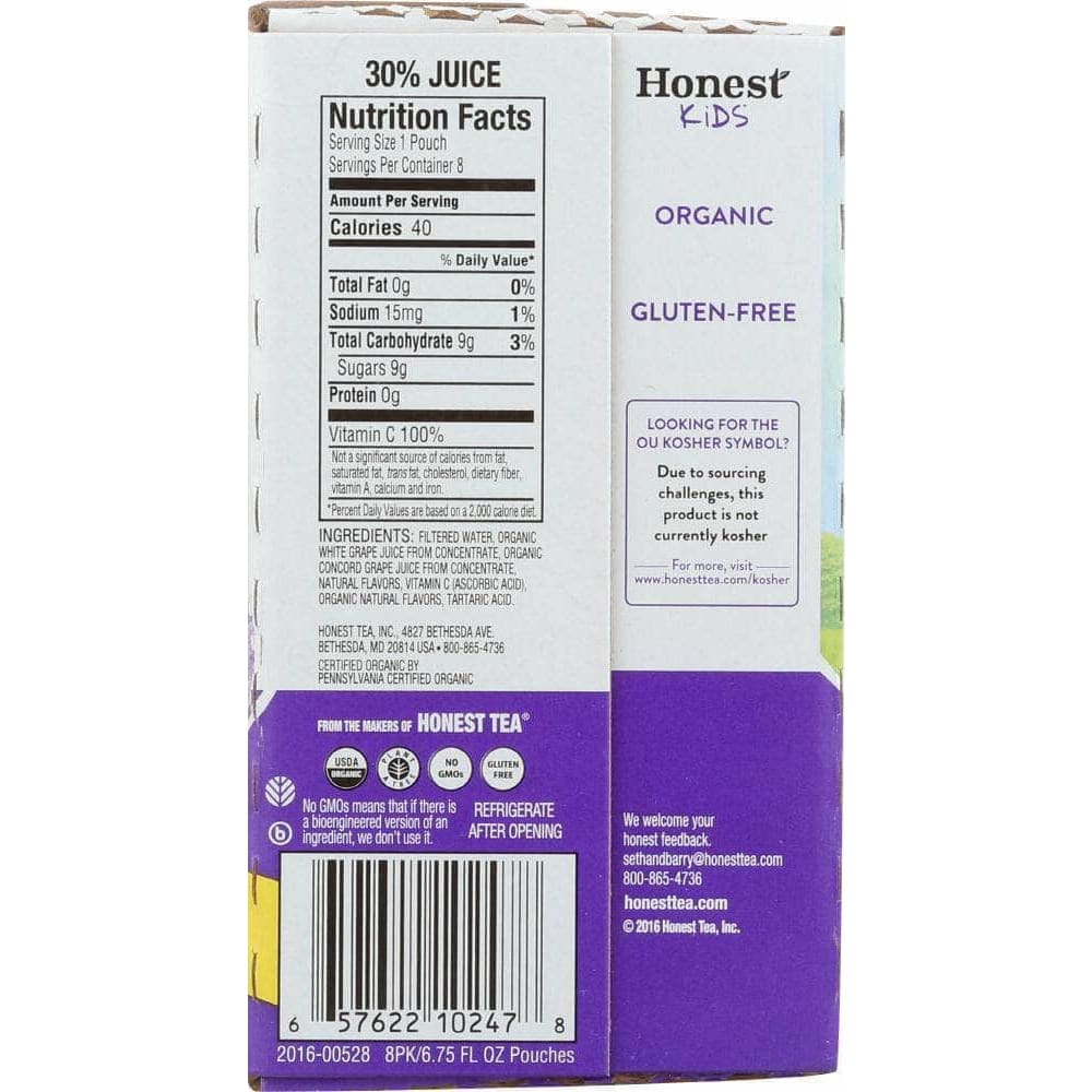 Honest Tea Honest Kids Organic Juice Drink Goodness Grapeness, Gluten Free, Non GMO, 8 Count, 54 Oz