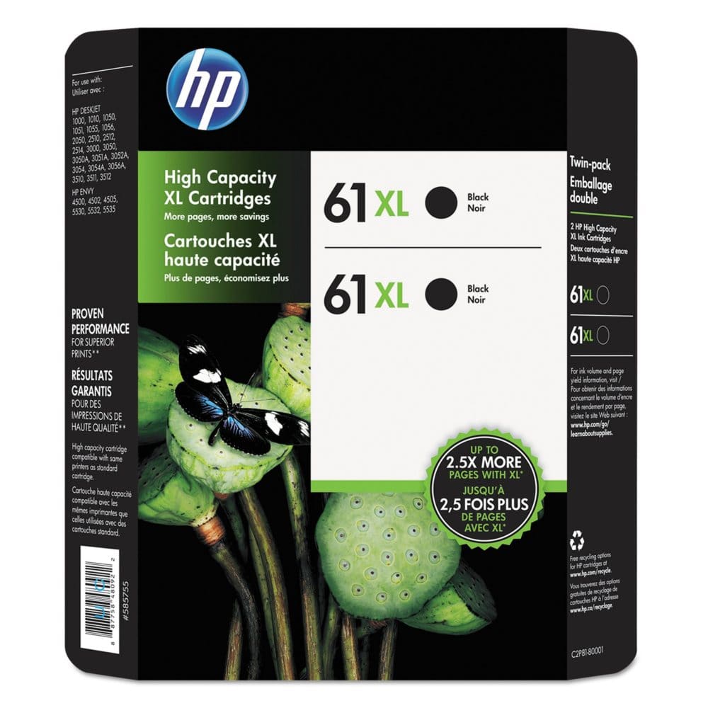 HP 61XL High Yield Original Ink Cartridge Black (2 pk. 480 Page Yield) - Ink Cartridges - HP