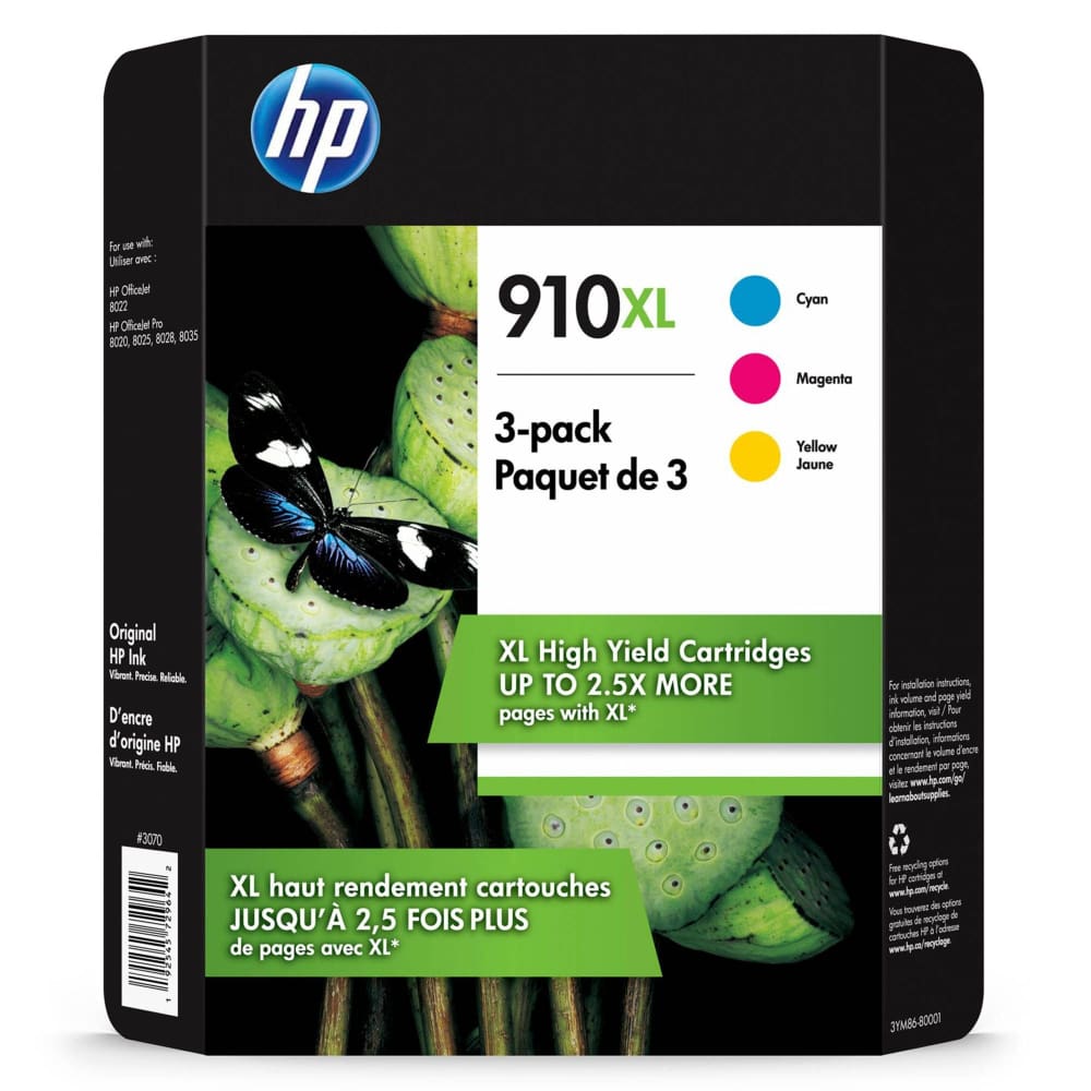 HP 910 XL Cyan Magenta and Yellow Ink Cartridges 3 pk. - HP