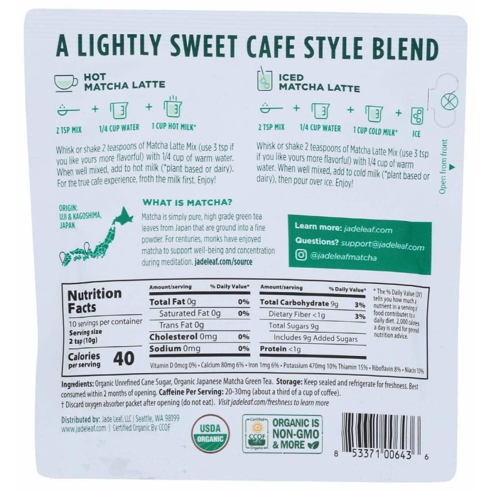 JADE LEAF Grocery > Beverages > Coffee, Tea & Hot Cocoa JADE LEAF: Organic Cafe Style Sweetened Matcha Latte Mix Original, 3.5 oz