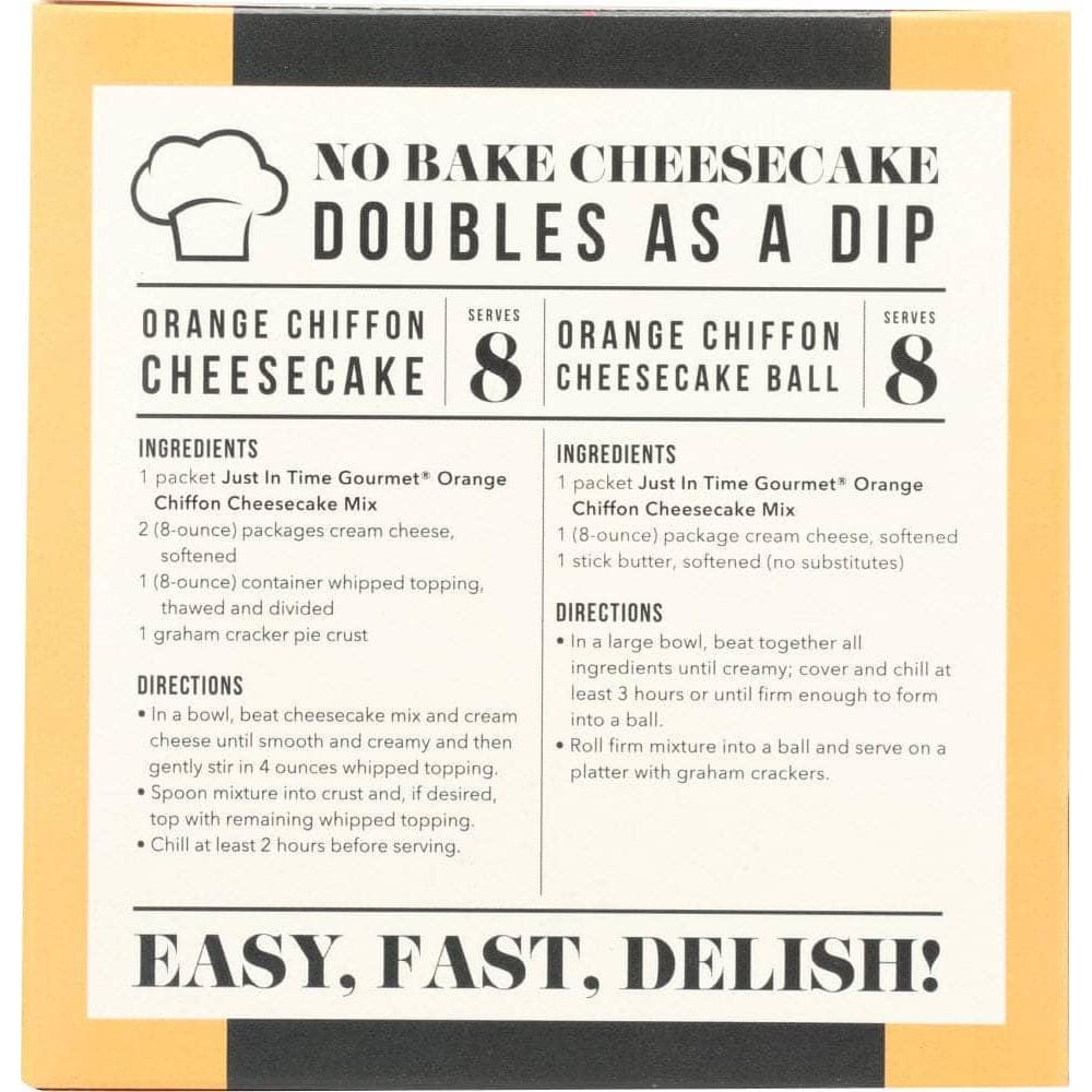 JUST IN TIME GOURMET Grocery > Cooking & Baking > Baking Ingredients JUST IN TIME GOURMET: Orange Chiffon Cheesecake Mix, 5.04 oz