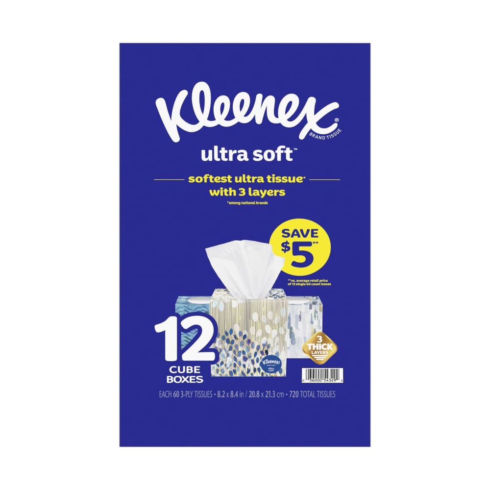 Kleenex Ultra Soft Soft Facial Tissue 12 Cube Boxes 60 Tissues per Box 3-Ply (720 Total Tissues) - Kleenex