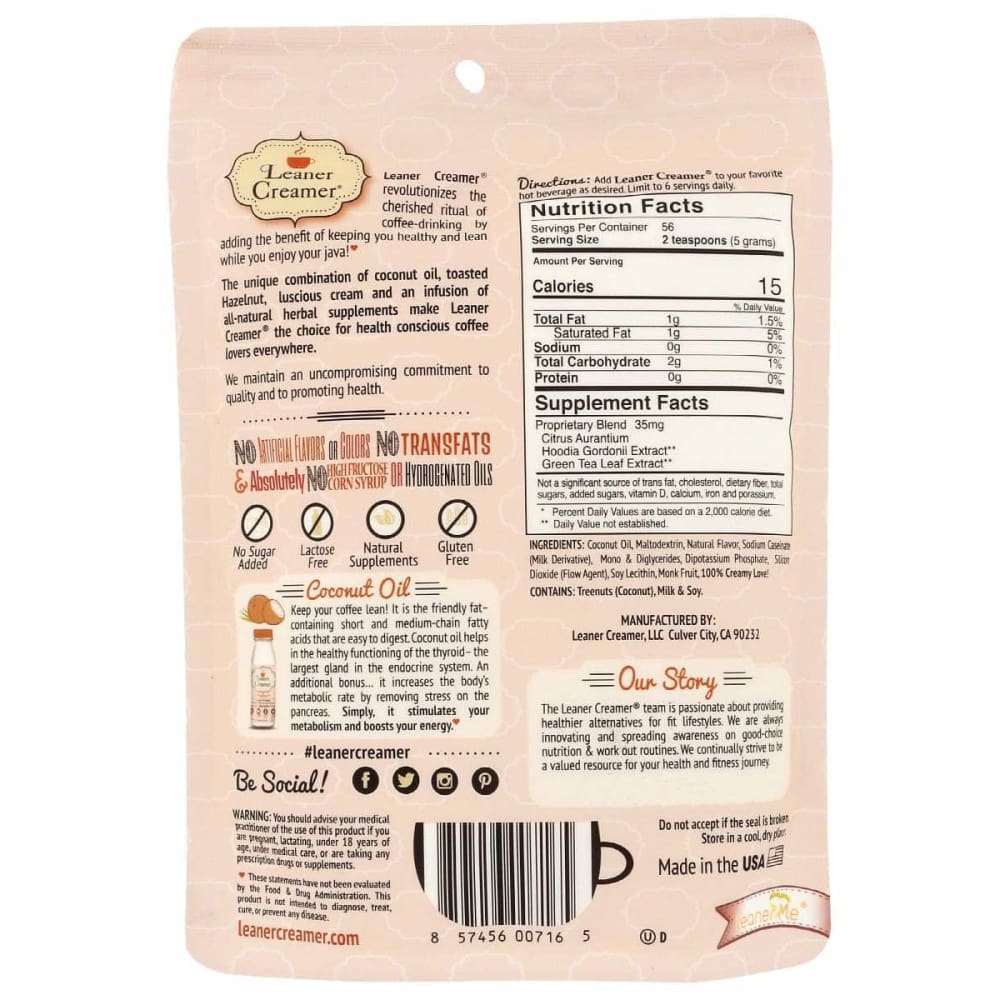 LEANER CREAMER Grocery > Beverages > Coffee, Tea & Hot Cocoa LEANER CREAMER Hazelnut Refill Pouch Creamer, 9.87 oz