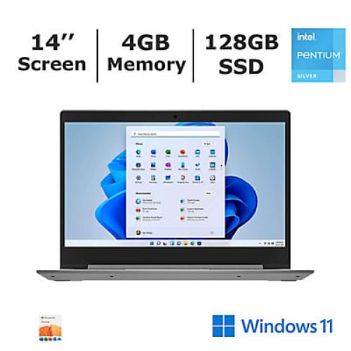 Lenovo IdeaPad 1 Laptop Intel Pentium Silver N5030 Processor 4GB Memory 128GB NVMe SSD with 1-Year of Office365 Personal - Home/Office &