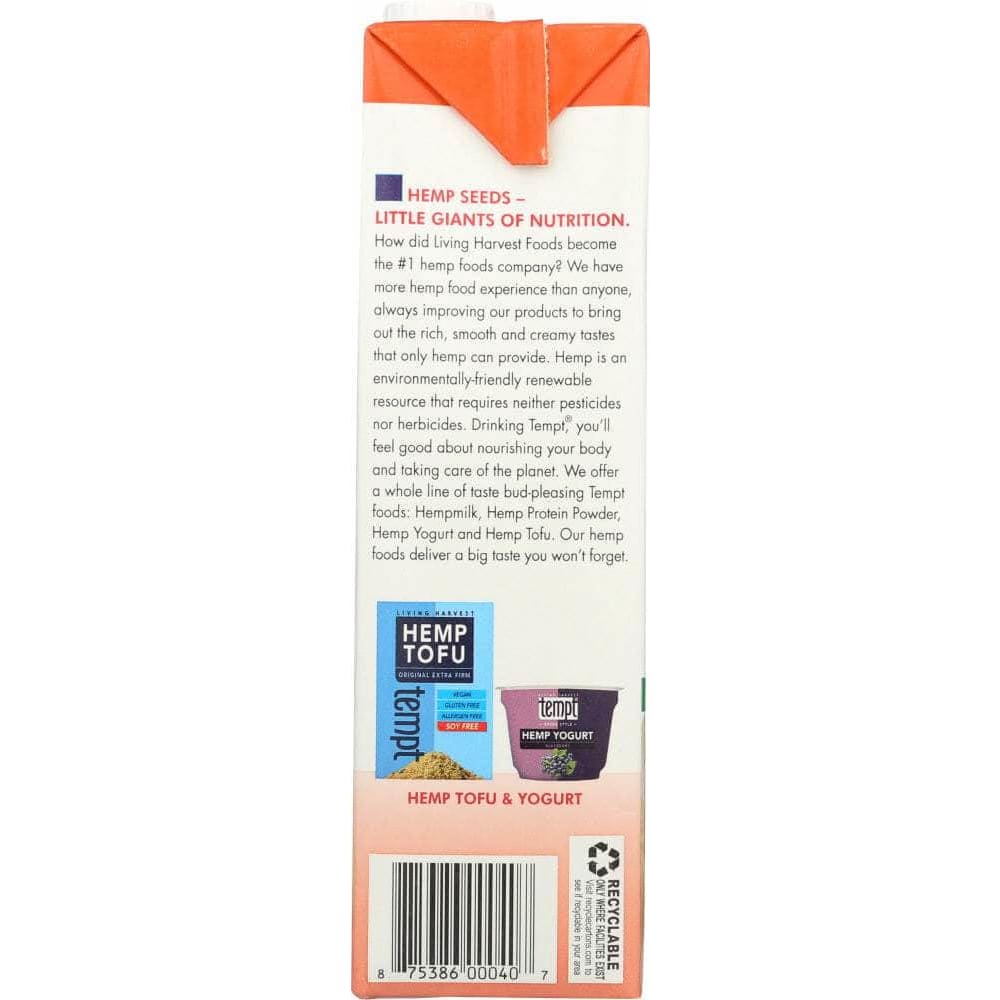 LIVING HARVEST Grocery > Dairy, Dairy Substitutes and Eggs > Milk & Milk Substitutes LIVING HARVEST: Tempt Hempmilk Unsweetened Creamy Non-Dairy Beverage Original, 32 oz