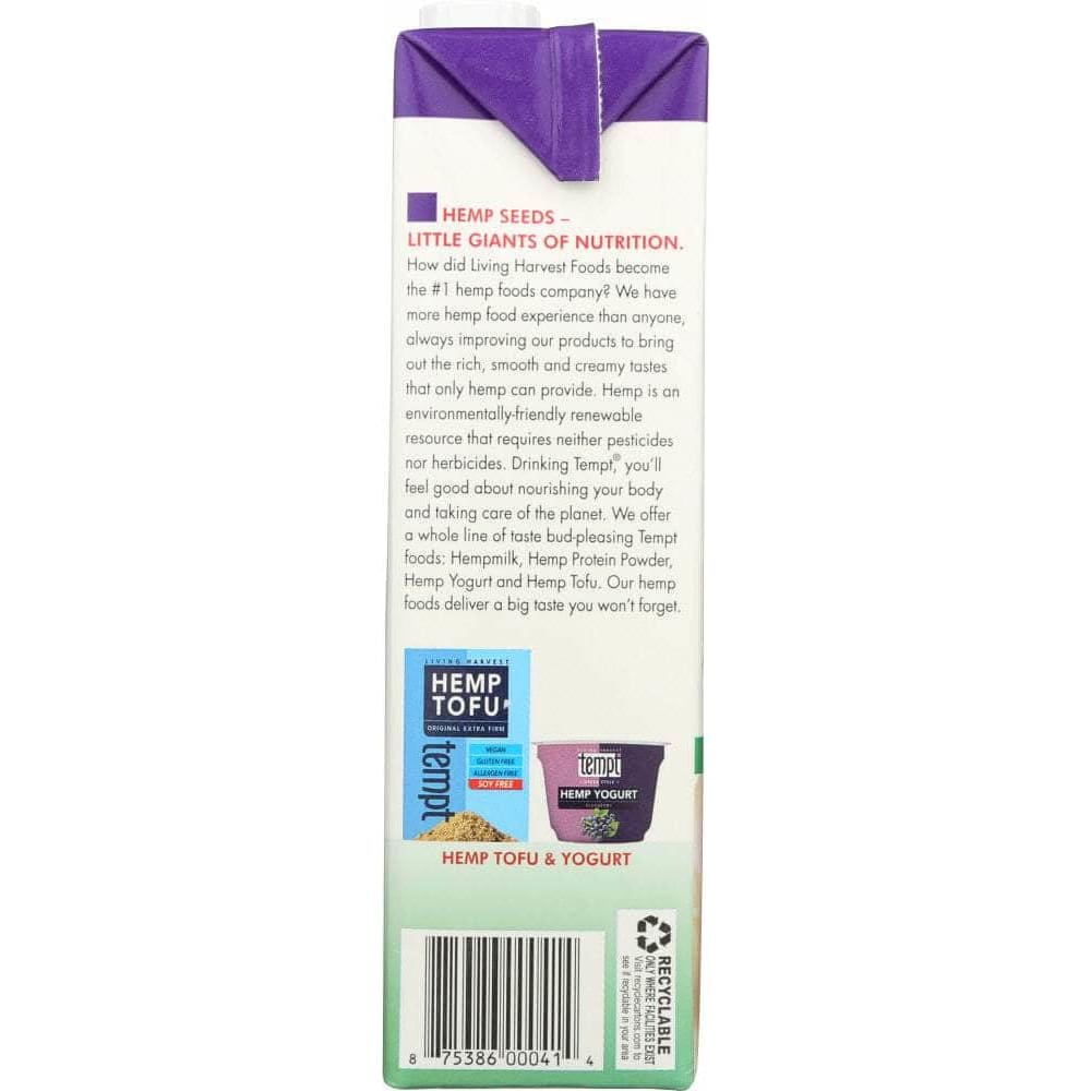 LIVING HARVEST Grocery > Beverages > Milk & Milk Substitutes LIVING HARVEST: Unsweetened Vanilla Hempmilk, 32 fl oz