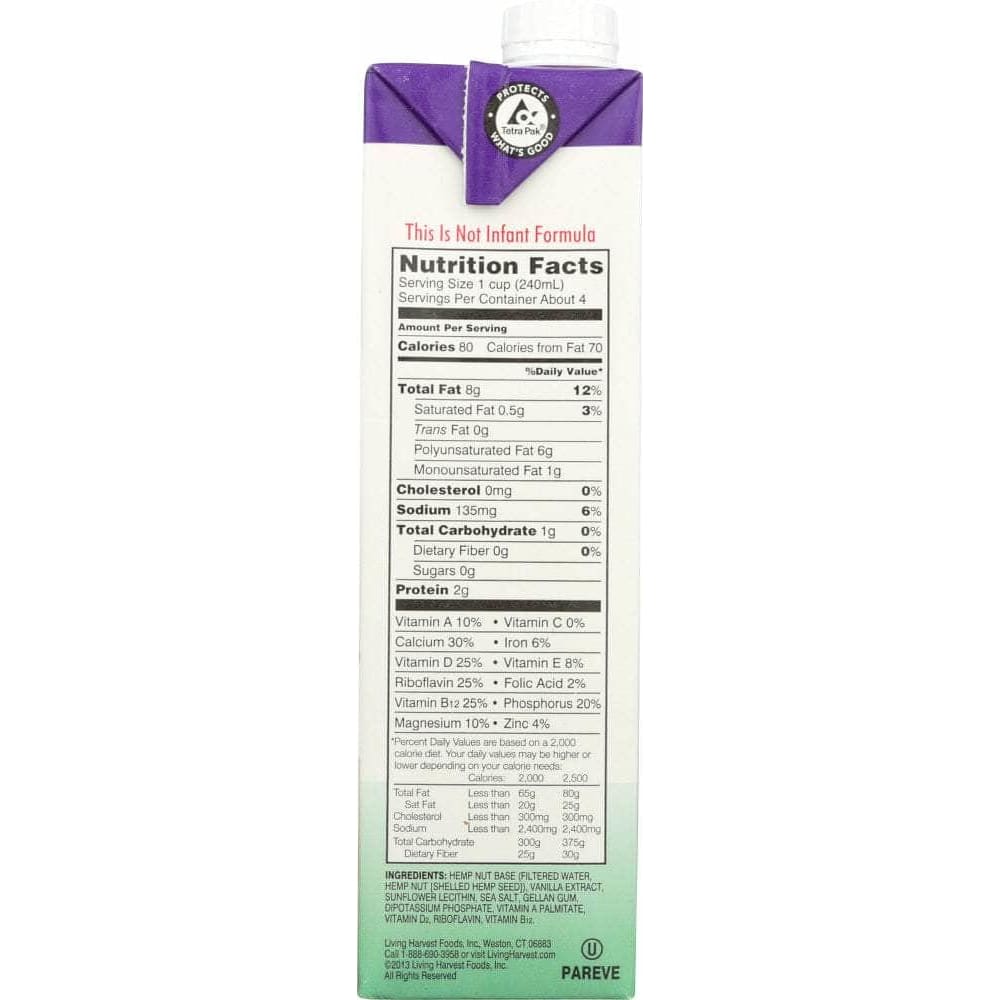 LIVING HARVEST Grocery > Beverages > Milk & Milk Substitutes LIVING HARVEST: Unsweetened Vanilla Hempmilk, 32 fl oz